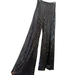 Sequin Wide Leg Pants Small Altard State Party Festival Sparkly Black side zip